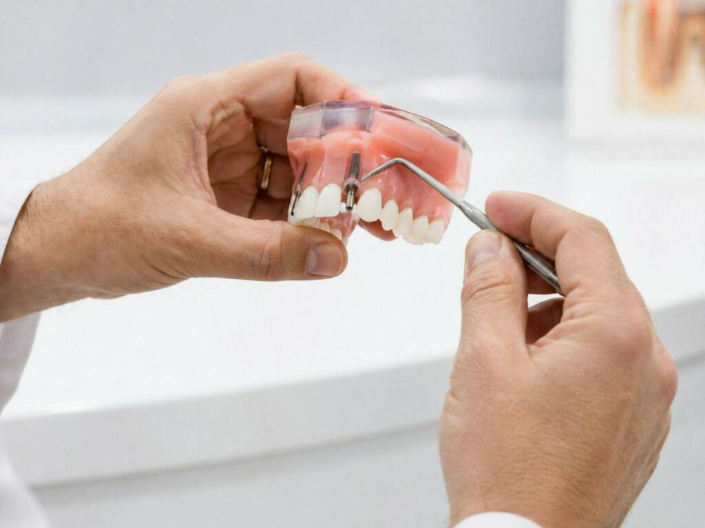 Dentist demonstrating dental implant on model